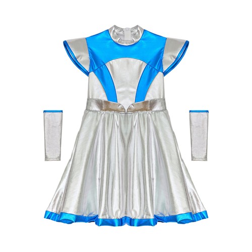 Kinder Mädchen Alien Cosplay Kostüm Halloween Weltraum Mann Kleid mit Haarreif Party - Bild 13 von 40