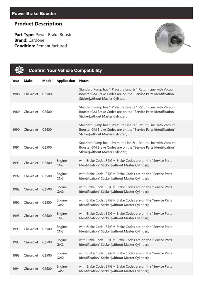 Para Chevrolet C2500 1988-1994 Potencia Brake Booster Cardone 1989 1990 1991 1992 Foto 2 de 4