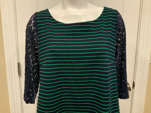 Postmark Navy Blue & Green Striped Shift Dress W/ Lace Sleeves, Size L - Picture 2 of 8