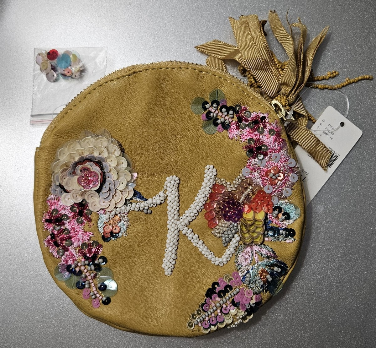 Anthropologie Embellished Leather Monogram Pouch Purse