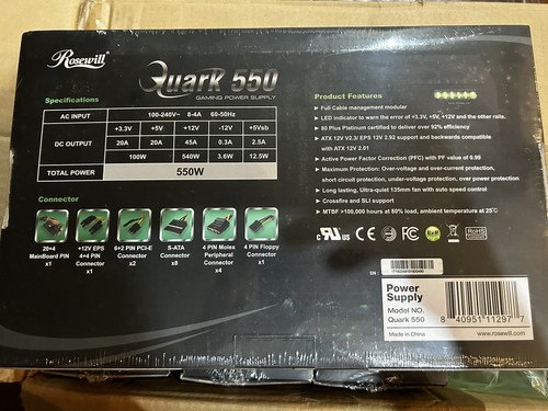 Rosewill Quark 550W 80 Bronze Gaming Power Supply Sealed - Photo 2/2