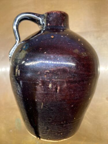 Stunning 5 1/2”Tall Blu/Brwn Glaze 19th C. Stoneware Spirits Jug Graceful Handle - Picture 3 of 12