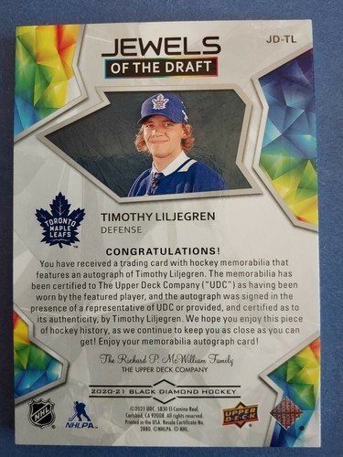 TIMOTHY LILJEGREN 2020-21 BLACK DIAMOND ROOKIE rc JEWELS OF THE DRAFT PATCH AUTO - Picture 5 of 7
