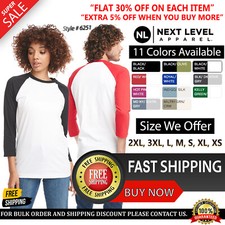 Next Level Unisex CVC 3/4 Sleeves Raglan Baseball Retail Fit T-Shirt 6251 XS-3XL