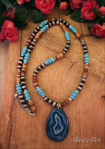 Long-Turquoise-Pewter-Navajo-Faux-Beads-Southwest-Tribal-Stone-Pendant-Necklace