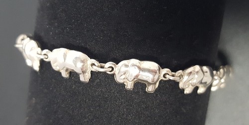 Elephants Link Sterling Silver Bracelet Vintage 925 Puffy 3D Standing 7" Long - Picture 8 of 23