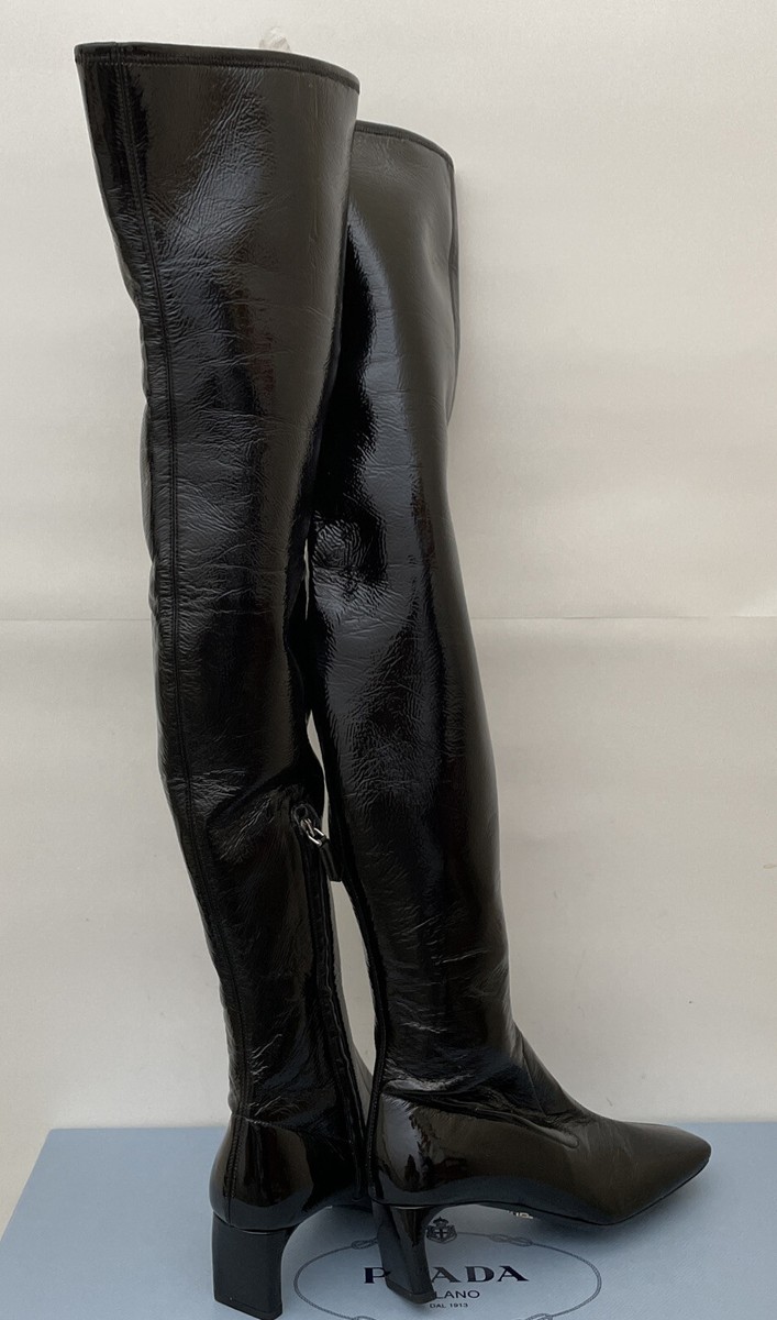 PRADA STRETCH FAUX PATENT LEATHER OVER THE KNEE THIGH HIGH BOOTS 6.5 36.5  NEW