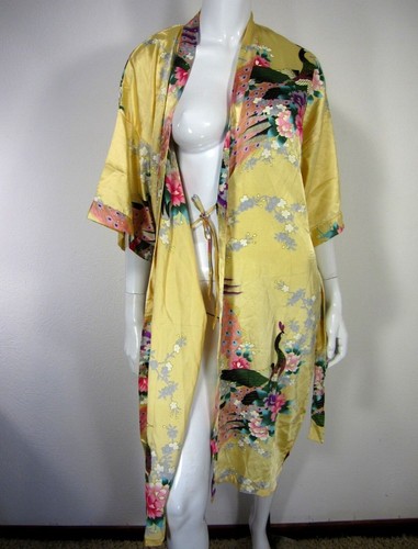 Oriental Village Collection 3/4 Sleeve Robe Peignoir Nightgown Floral Yellow - Picture 9 of 12