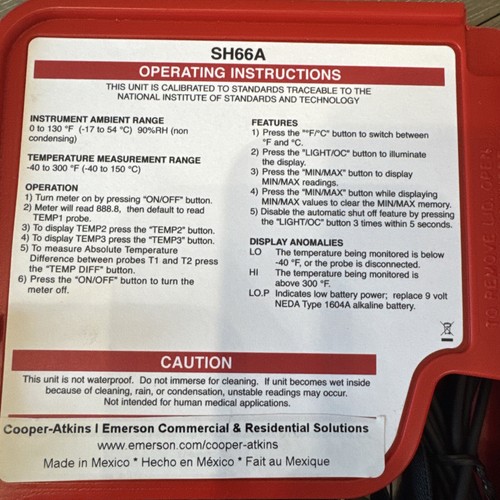 COOPER ATKINS - SH66A-E Thermistor Thermometer 3 Ch -40° to 300°F/-40 to 150°C - Picture 6 of 6