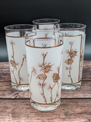 MCM Libbey Frosted Gold Pinecone Flat Tumbler 4er Set Trinkgläser - Bild 1 von 9