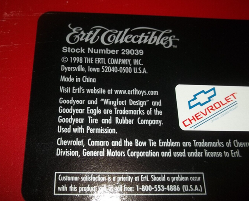 ERTL 1969 COPO RED CHEVY CAMARO 1/18 SCALE DIECAST CAR IN BOX COLLECTIBLE 1998 - Picture 6 of 7