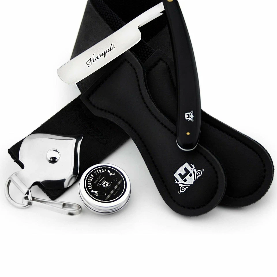 Juego de afeitado estilo peluquero corte recto garganta afeitadora y correa de cuero negro KIT DE REGALO Foto 3 de 4