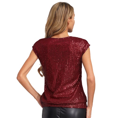 Mujeres Prendas para el torso de lentejuelas cuello en V de moda todo combinado color liso sin mangas brillantes - Imagen 17 de 67