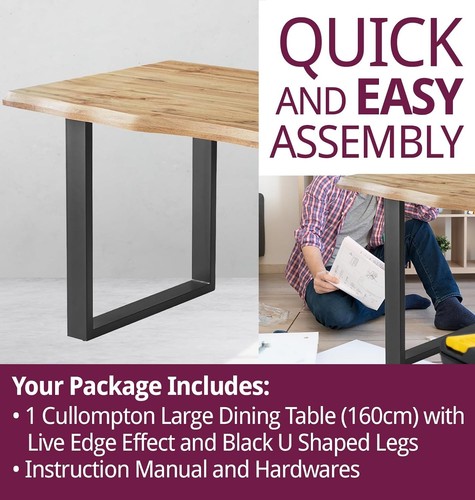 160cm Live Edge Dining Table Oak Effect Metal Legs Modern Industrial - Picture 9 of 12