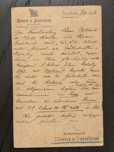 Antike schwedische Postkarte Brefkort 1893 Nordin & Josephson Stockholm nach New York - Bild 3 von 3