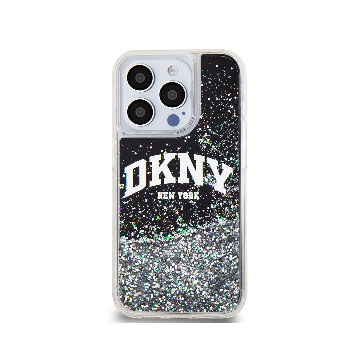 Protection iPhone 15 Pro DKNY luxe avec logo arche et paillettes liquides