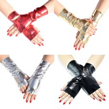   Women Shiny Faux Patent Leather Hip Hop Half Finger Gloves Dance Party Mittens