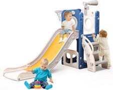 6 in 1 Toddler Playset with Hoop Ball Kids Playground Slide Outdoor Blue