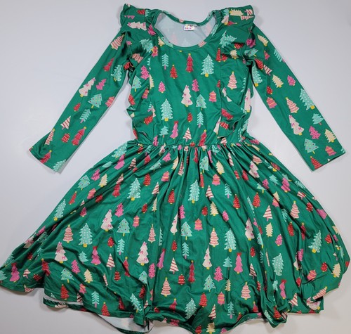 Dot Dot Smile Dress 12/14 Christmas Trees Long Sleeve Ruffle Twirl Dress 