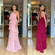 Burgundy Prom Dress Cross Halter Sleeveless Party Dress Multi-Ruffle Open-Back