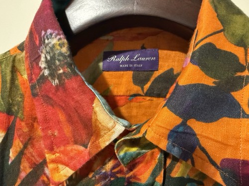 Ralph Lauren PURPLE LABEL Shirt Mens Orange Floral 100% Linen ITALY Size Large - Picture 3 of 9
