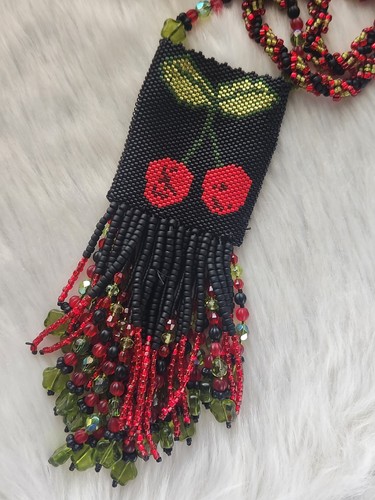 Handmade Seed Beads Beaded Pouch 2 Sided Cherries Amulet Bag Fringe Necklace - Picture 6 of 16