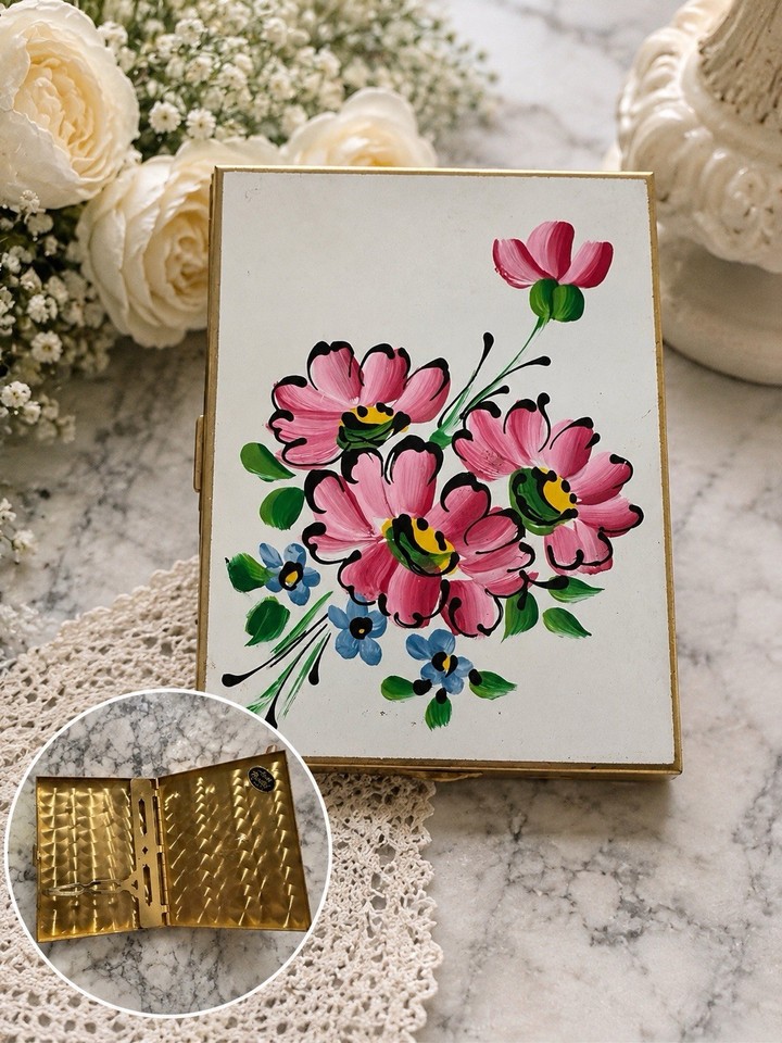 Hand-painted floral enamel business card holder with gold tone finish — one-of-a-kind artisan desk jewelry.