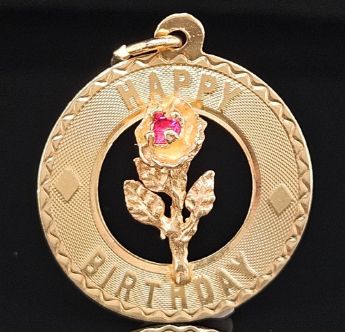14K Gold PINK STONE HAPPY BIRTHDAY ROSE Charm Pendant Disc Floral Vintage