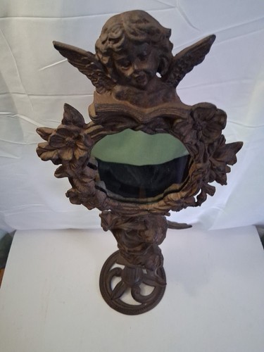 Antique Large Victorian Cast Iron Cherub  Mirror Statue Beautiful  - Picture 1 of 24