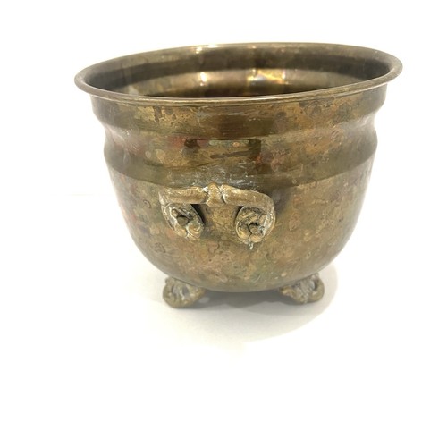 Vintage 3 Fuß kleiner Messing Übertopf Topf mit Griffen Made in India 5,25" Patina - Bild 4 von 11