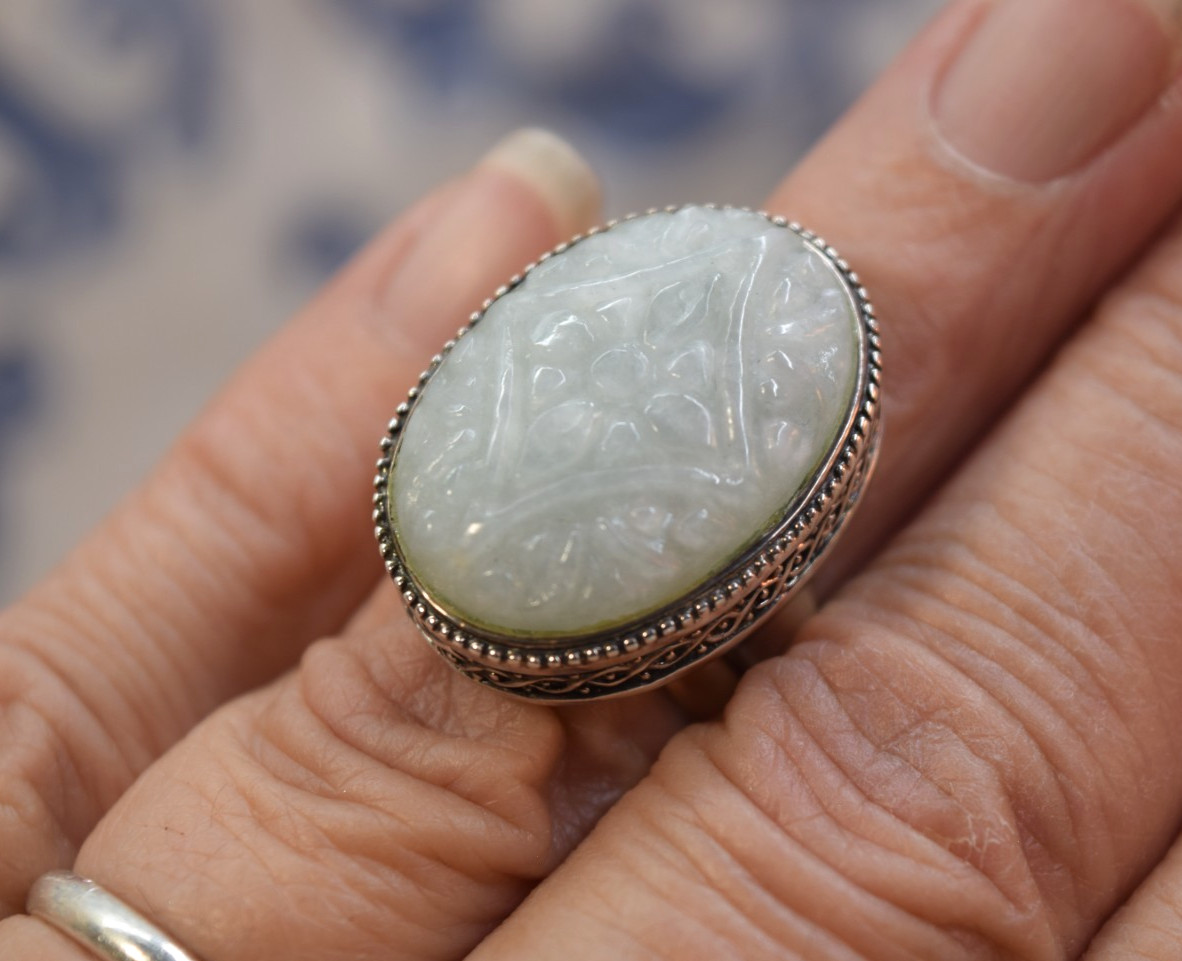 Vintage Sterling Large Carved Celadon Jade Ring s… - image 2