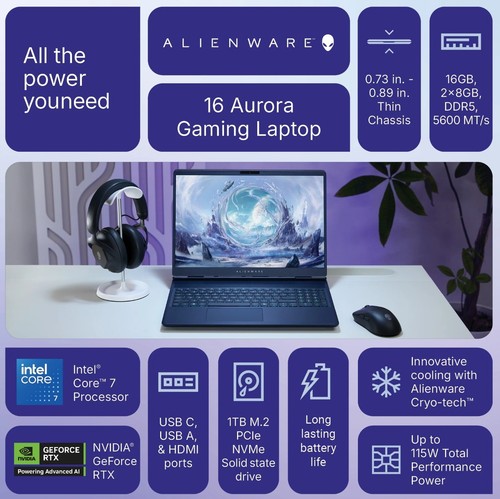 Laptop para juegos Dell Alienware 16" WQXGA 120Hz Intel Core 7 240H RTX 5050 16G 1T - Imagen 5 de 8