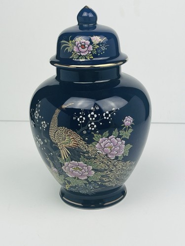 Vintage Cobalt Blue Ginger Jars Peacocks Flowers Floral Gold Trim Japan