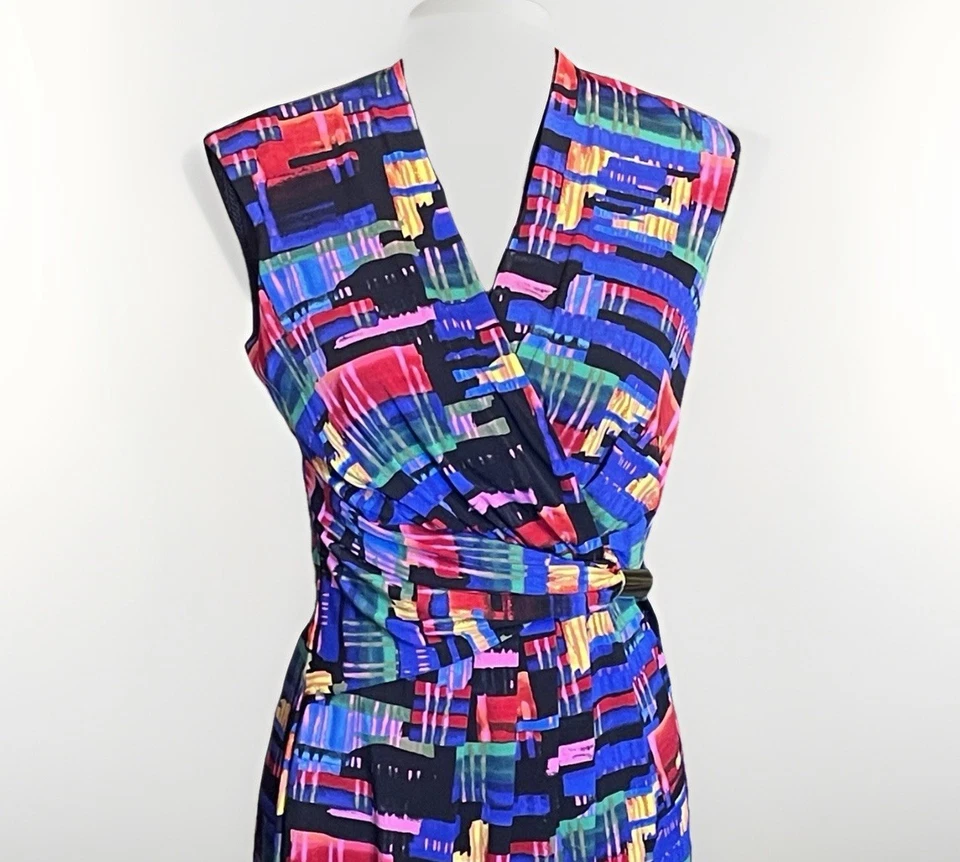 Vestido estilo envolvente estampado geométrico multicolor Ellen Tracy talla 4 Foto 2 de 4
