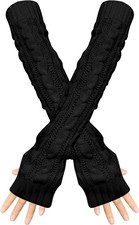 Arm Sleeve Winter Warmer, Fingerless Stretchy Gloves Knitted Long Black