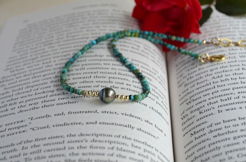 Tahitian Pearl Choker Gold Filled Turquoise Necklace Dainty Pearl Choker For Her - Picture 8 of 12