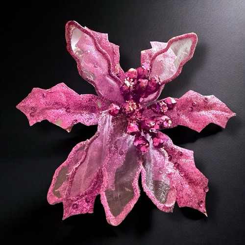 Flower Fascinator Hair Clip Pink Glitter Poinsettia Rhinestone Accents Vintage - Picture 9 of 10