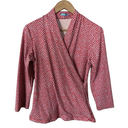J McLAUGHLIN Faux Wrap Top Blouse Catalina Cloth Coral Blue Dots V Neck XS