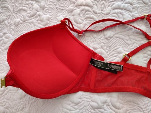Victoria's Secret 34DD Bombshell Bra Strappy Front Clasp Lace Plunge Add 2 Cups - Picture 6 of 12