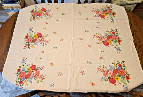 Vintage 1950s Cotton Tablecloth Blue Red Pink Floral Printed 52" x 42"