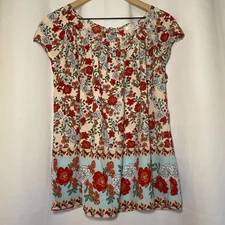 LC Lauren Conrad Floral Tie Back Womens L Shirt Pink Red Blue Pleated Neck EUC