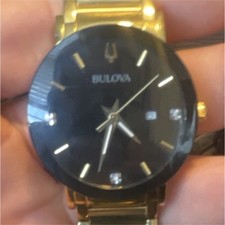 Bulova Gold-Tone Metal Men's Analog Wristwatch Black Dial Diamond Markers Date