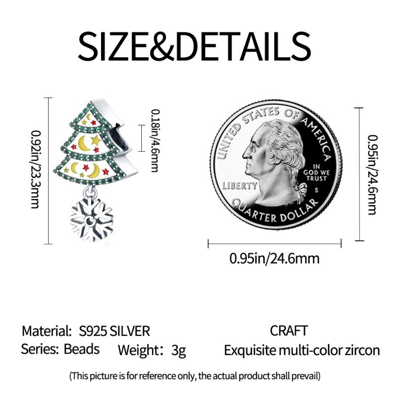 KUNSIR 925 Sterling Silver DIY Charm For Bracelet Christmas Tree Bead Charm
