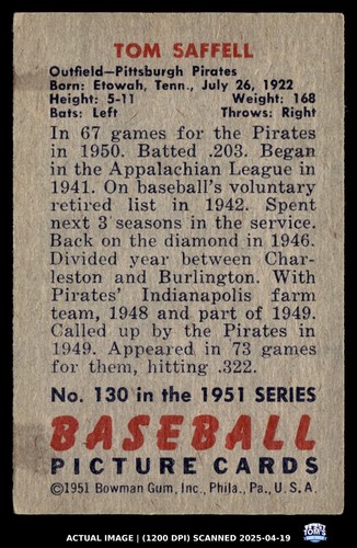 1951 Bowman #130 Tom Saffell Pittsburgh Pirates RC EX - Bild 2 von 2