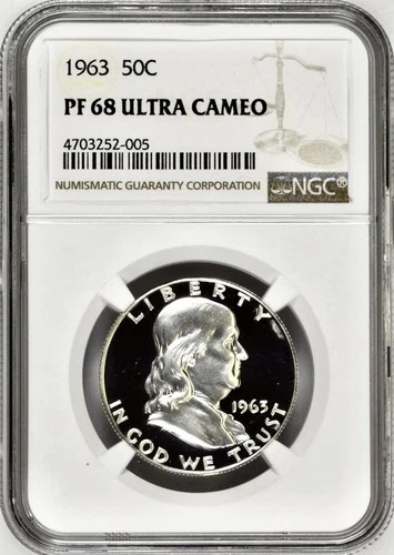 1963 PROOF FRANKLIN HALF DOLLAR NGC PF68 ULTRA CAMEO
