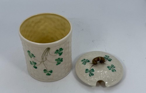 DE COLECCIÓN BELLEEK TRÉBOL TEJIDO DE CESTA TARRO DE MERMELADA Y TAPA MARCA NEGRA - Imagen 7 de 14