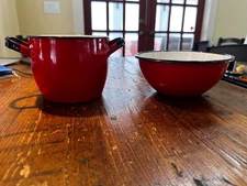 2 piece set Mid Century Huta Silesia Poland  Red Enamelware bowl and pot