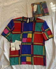 New - CARLISLE  color-block 100% silk short sleeve blouse and scarf size 14
