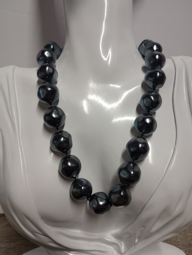 Vintage Silber Ton Grob Kunstperlen Handgeknüpft Halskette Dunkel Glänzend Perlen - Bild 1 von 2