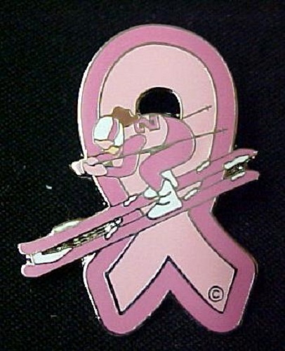 Brustkrebs Anstecknadel Bewusstsein rosa Band Abfahrt Schnee Skifahrer Ski Tac neu - Bild 2 von 4